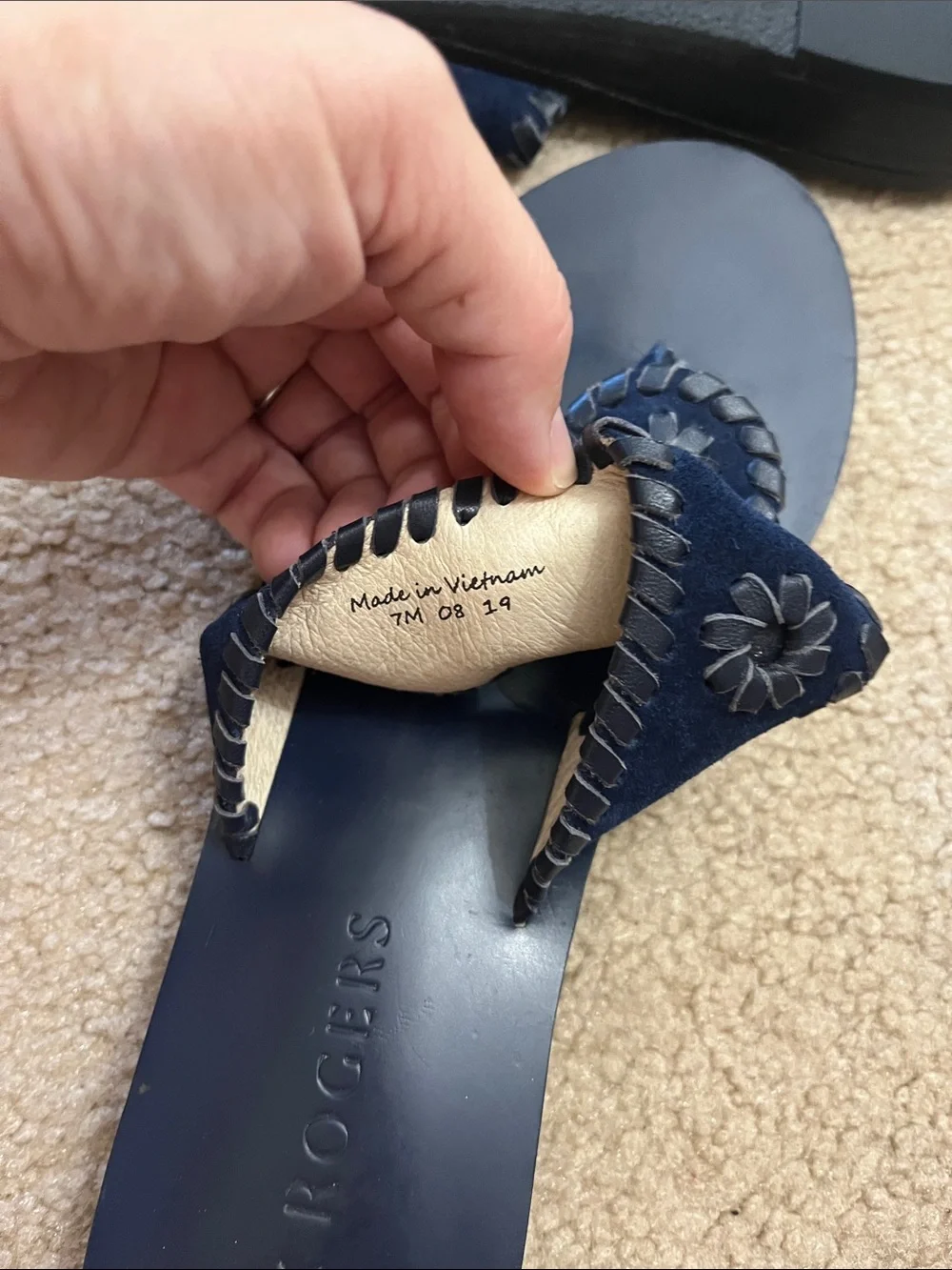 Jack Rogers Navy Suede Whipstitch Floral Toe-Ring Sandals 7